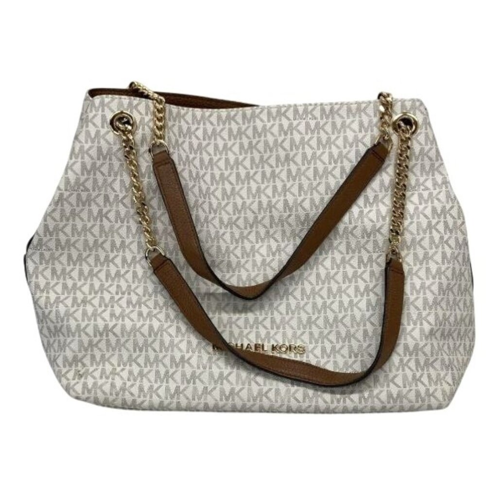 Michael Kors‎ White Monogram Canvas Chain Tote Bag With Gold Accents